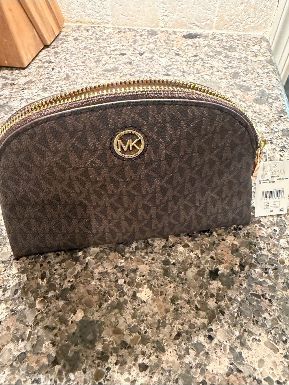 Michael Kors Brown MK Monogram Cosmetic Pouch with Gold Hardware
